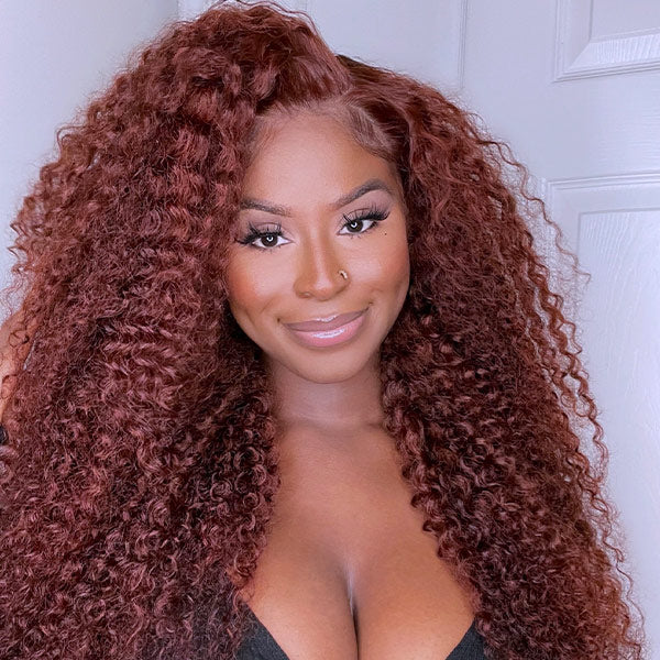 Kinky Curly Reddish Brown Wear Go Wig Pre-cut 4x6 Lace Glueless Human Hair Wigs