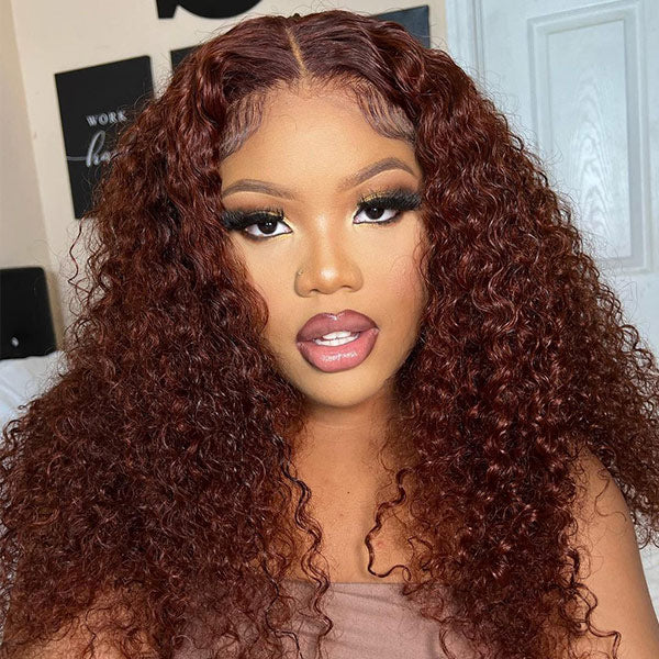 Kinky Curly Reddish Brown Wear Go Wig Pre-cut 4x6 Lace Glueless Human Hair Wigs