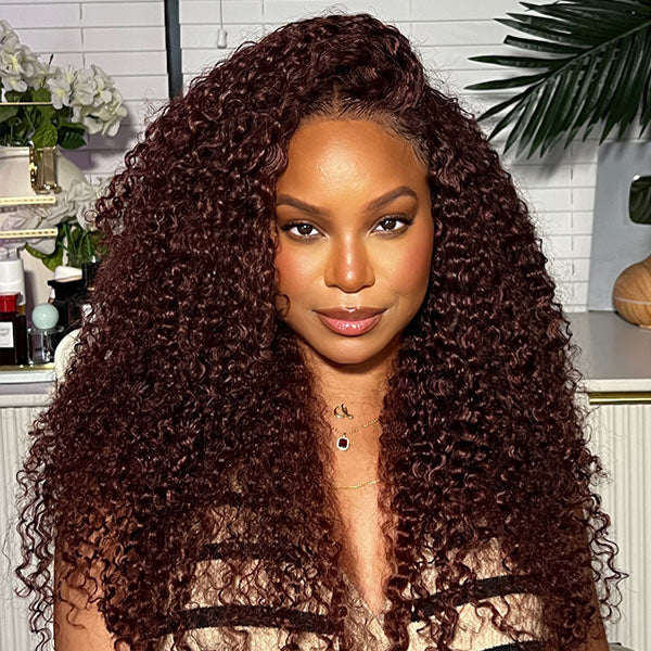 Kinky Curly Reddish Brown Wear Go Wig Pre-cut 4x6 Lace Glueless Human Hair Wigs