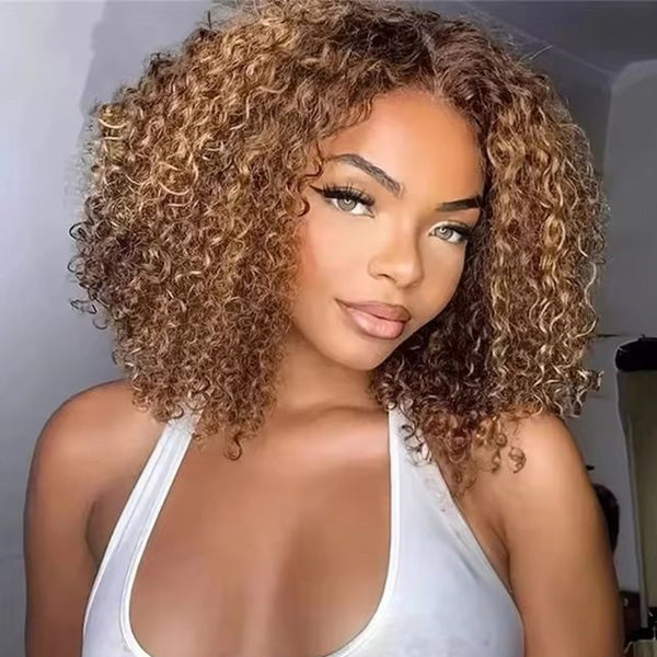 Exclusive Flash | Kinky Curly Glueless Bob Wig Highlight Ombre Pre Cut 7x5 Lace Wear Go Wig