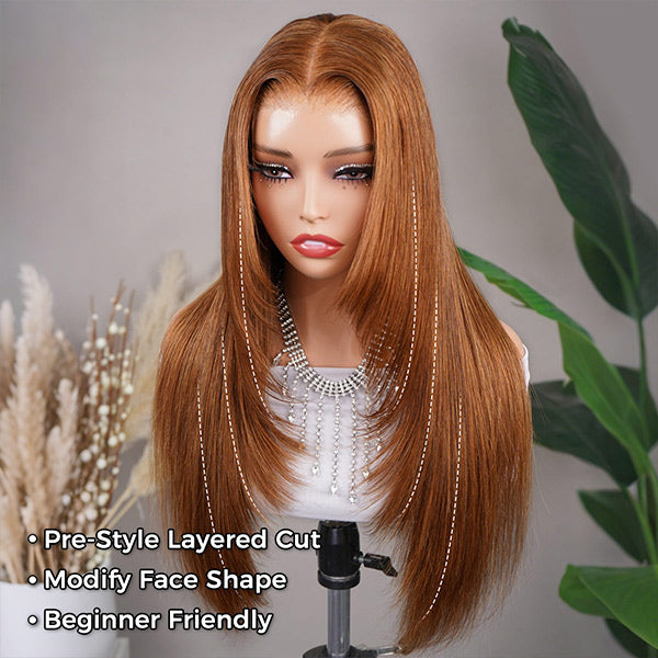 OQ HAIR Chestnut Brown Layered Cut Straight Glueless Wear Go Wig Pre-Cut 7x5 Lace Snug Fit Drawstring Wig