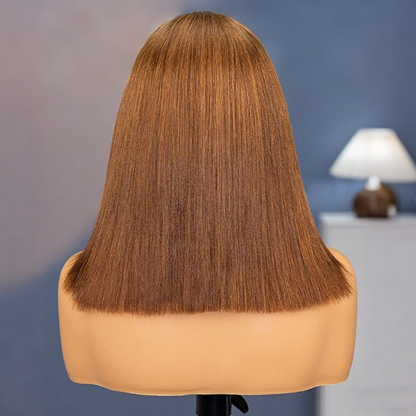OQ HAIR Salon Layered Cut Yaki Straight Chestnut Brown Color Wear Go Glueless Wig With Elastic Drawstring