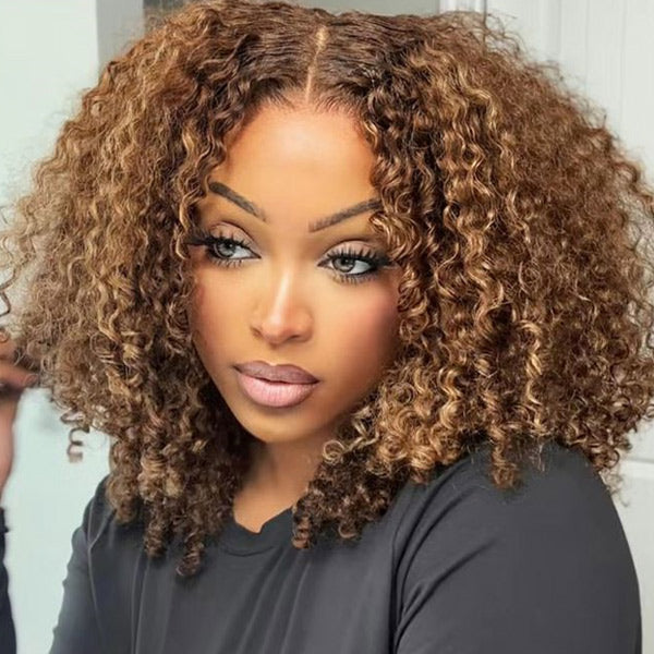 Exclusive Flash | Kinky Curly Glueless Bob Wig Highlight Ombre Pre Cut 7x5 Lace Wear Go Wig