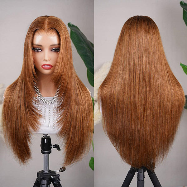 OQ HAIR Chestnut Brown Layered Cut Straight Glueless Wear Go Wig Pre-Cut 7x5 Lace Snug Fit Drawstring Wig