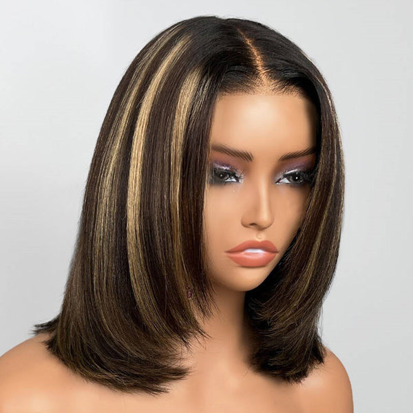 OQ HAIR Glueless Layered Yaki Straight Highlight Brown Color Effortless Beauty Flexible Fit Drawstring Wear Go Wig Beginner Friendly