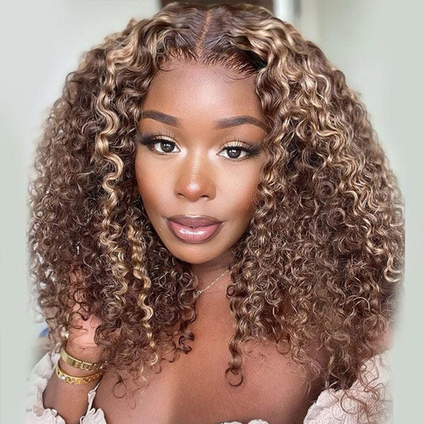 Exclusive Flash | Kinky Curly Glueless Bob Wig Highlight Ombre Pre Cut 7x5 Lace Wear Go Wig