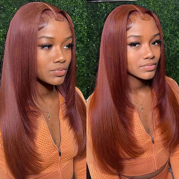 OQ HAIR Reddish Brown Color Layered Cut Silk Straight Glueless Wig Pre Cut 7x5 Lace Wear Go Wig