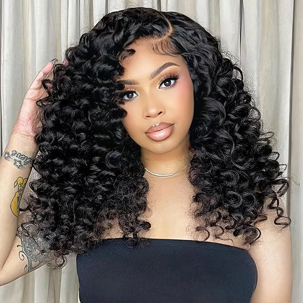 OQ HAIR Glueless Bouncy Curls C Part Layered Curly Wig Pre-Cut 9x6 Lace Bleached Knots Flexible Fit Drawstring Wear Go Wig