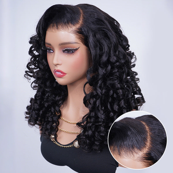 OQ HAIR Glueless Bouncy Curls C Part Layered Curly Wig Pre-Cut 9x6 Lace Bleached Knots Flexible Fit Drawstring Wear Go Wig