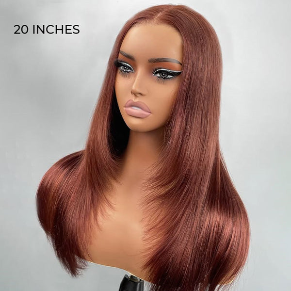 OQ HAIR Reddish Brown Color Layered Cut Silk Straight Glueless Wig Pre Cut 7x5 Lace Wear Go Wig