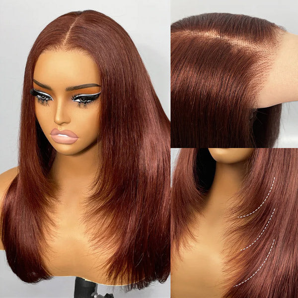 OQ HAIR Reddish Brown Color Layered Cut Silk Straight Glueless Wig Pre Cut 7x5 Lace Wear Go Wig