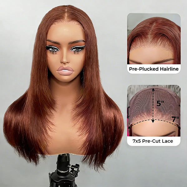 OQ HAIR Reddish Brown Color Layered Cut Silk Straight Glueless Wig Pre Cut 7x5 Lace Wear Go Wig