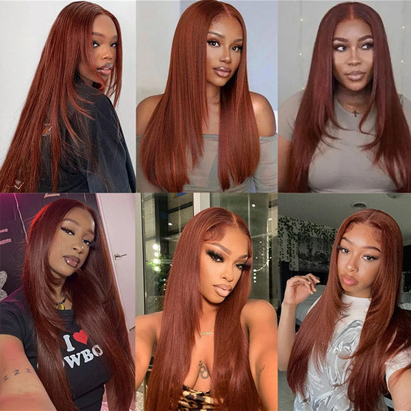 OQ HAIR Reddish Brown Color Layered Cut Silk Straight Glueless Wig Pre Cut 7x5 Lace Wear Go Wig