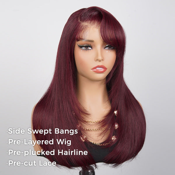 OQ HAIR Burgundy 99J Color Layered Straight Wig Side Part Swept Bangs Pre-Cut 9x6 Lace Drawstring Wear Go Glueless Wig