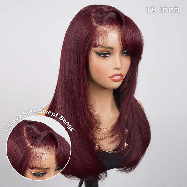 OQ HAIR Burgundy 99J Color Layered Straight Wig Side Part Swept Bangs Pre-Cut 9x6 Lace Drawstring Wear Go Glueless Wig