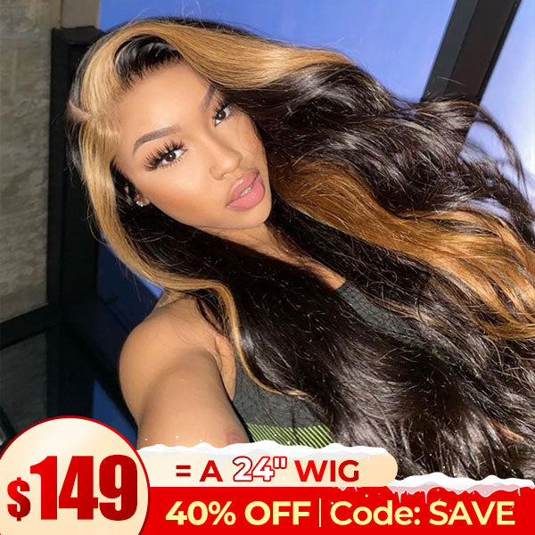 Skunk Stripe Honey Blonde & Black Color Human Hair Lace Front Wigs Body Wave Straight 13x4 Lace Front Wigs