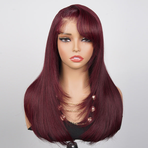 OQ HAIR Burgundy 99J Color Layered Straight Wig Side Part Swept Bangs Pre-Cut 9x6 Lace Drawstring Wear Go Glueless Wig
