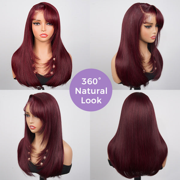 OQ HAIR Burgundy 99J Color Layered Straight Wig Side Part Swept Bangs Pre-Cut 9x6 Lace Drawstring Wear Go Glueless Wig
