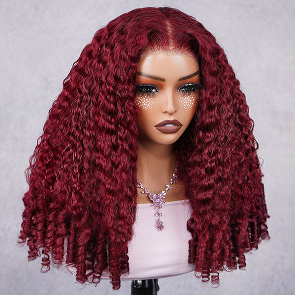 OQ HAIR Burgundy 99J Burmese Curly Glueless Wig Pre-cut 13x6 Lace Front Wear Go Wig With Adjustable Fit Drawstring