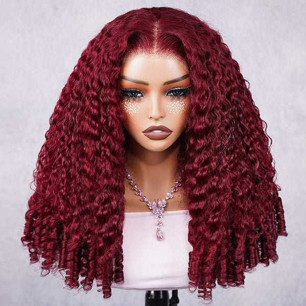 OQ HAIR Burgundy 99J Color Burmese Curly Glueless Wig Pre Cut 9x6 Lace Snug Fit Drawstring Wear Go Wig