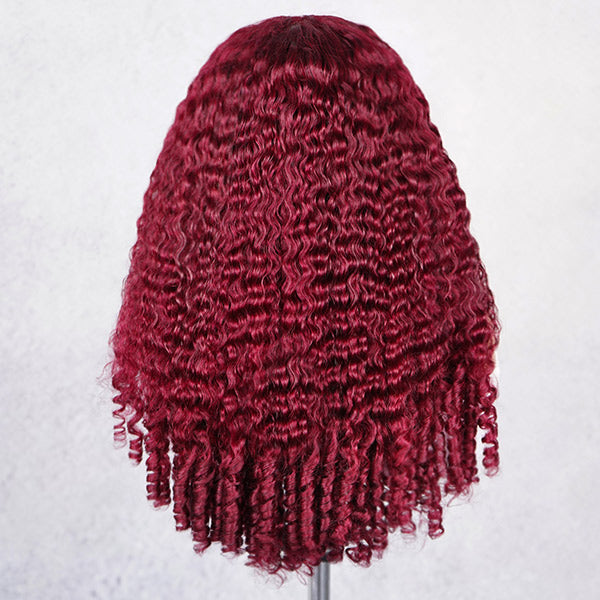 OQ HAIR Burgundy 99J Color Burmese Curly Glueless Wig Pre Cut 9x6 Lace Snug Fit Drawstring Wear Go Wig