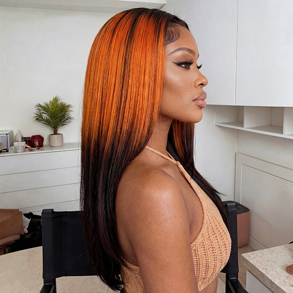 OQ HAIR Layered Straight Orange Highlight Brown Natural Blend Color Pre-cut 7x5 Lace Wear Go Glueless Wig With Adjustable Drawsting