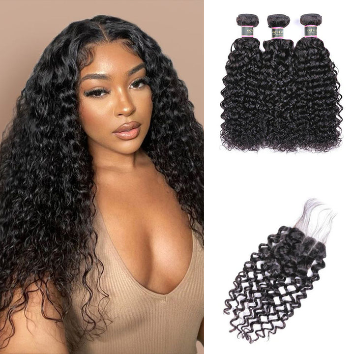 Deep Wave Virgin Human Hair 3 Bundles With 4x4 Lace Closure