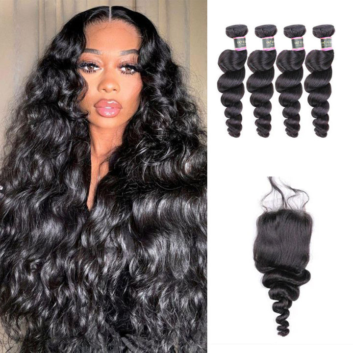 Loose Wave Human Hair 4 Bundles with 4*4 Lace Clsoure Natural Black