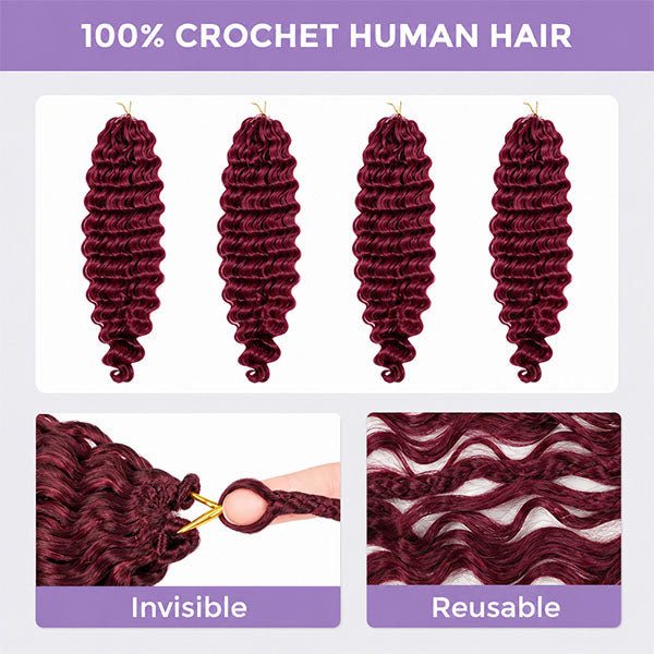Pre-sale | OQ HAIR Damage Free 99J Burgundy Deep Wave Human Hair Extensions for Maximum Comfort