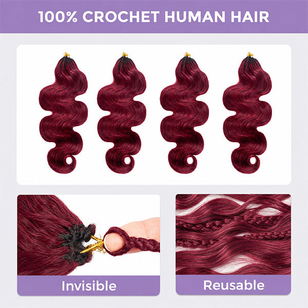 Pre-sale | OQ HAIR Breathable 99J Burgundy Body Wave Human Hair for Crochet Micro Ring Loop Styles
