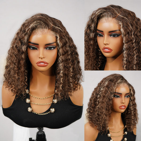 OQ HAIR Water Wave Bob Wig Blonde Highlight Chocolate Brown Pre-cut 7x5 Lace Snug Fit Wear Go Glueless Wig