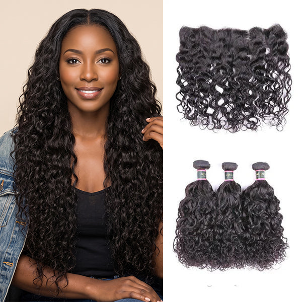 Natural Wave Human Hair 3 Bundles with 13*4 Lace Frontal Natural Black