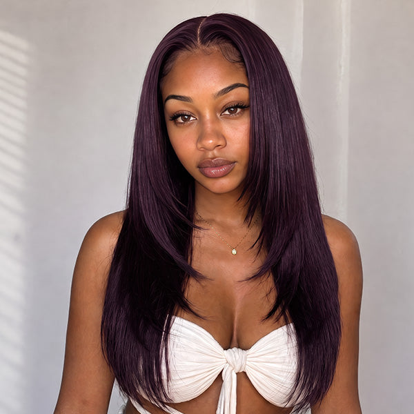 Dark Plum Color Pre Layered Straight Glueless Wear Go Human Hair Wig Beginner Friendly Pre Cut Lace