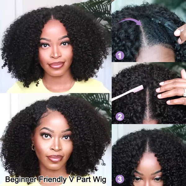 Afro Curly V Part Wig No Leave Out Thin Part Glueless Wigs Human Hair Wig 180% Density