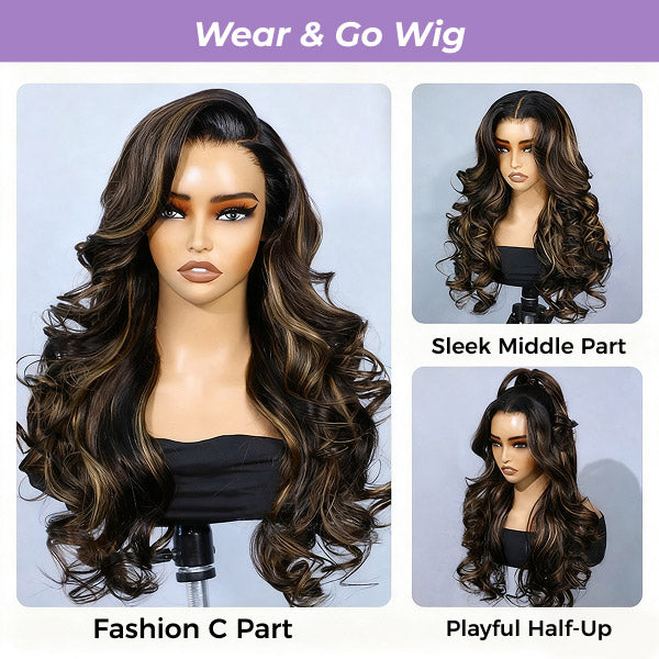 24h Ship Out | OQ HAIR Butterfly Pre-Styled Balayage Brown Color Layered Body Wave Adjustable Drawstring Wear Go Glueless Wig With Bleached Knots
