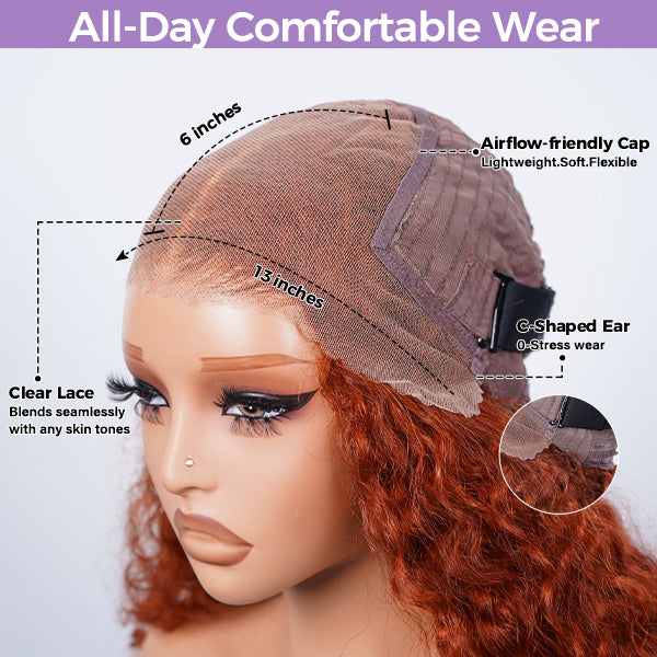 Burmese Curly Burnt Orange Color Wear Go Wig Pre Cut Lace Drawstring Wig Snug Fit Glueless Wig