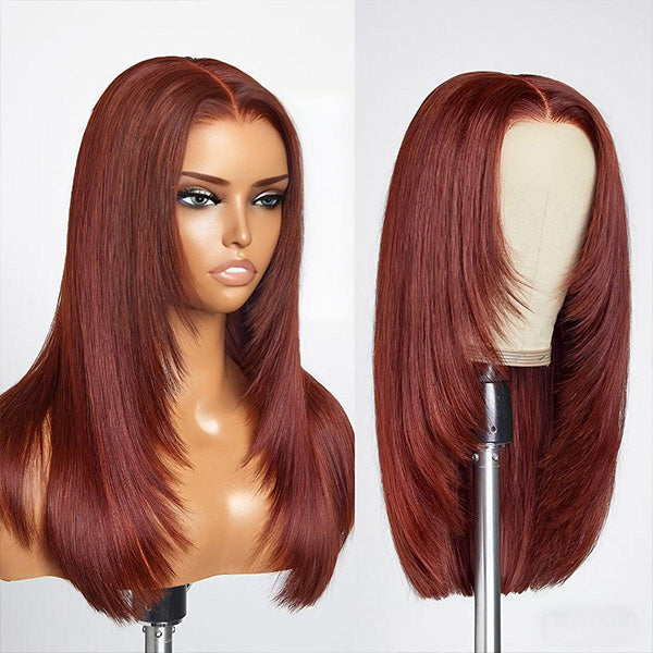 OQ HAIR Reddish Brown Color Layered Cut Silk Straight Glueless Wig Pre Cut 7x5 Lace Wear Go Wig