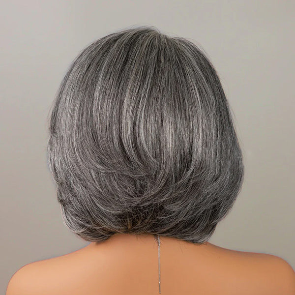 OQ HAIR Salt And Pepper Layered Bob Wear Go Glueless Wig Pre-Cut C-Shaped 7x5 Lace Flexible Fit Drawstring