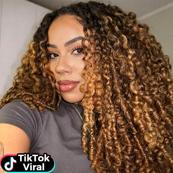 TikTok Viral Burmese Curly Highlight 4/27 Color 3-In-1 Half Wig Human Hair Wear Go Glueless Wig With Drawstring Spiral Curly Ends