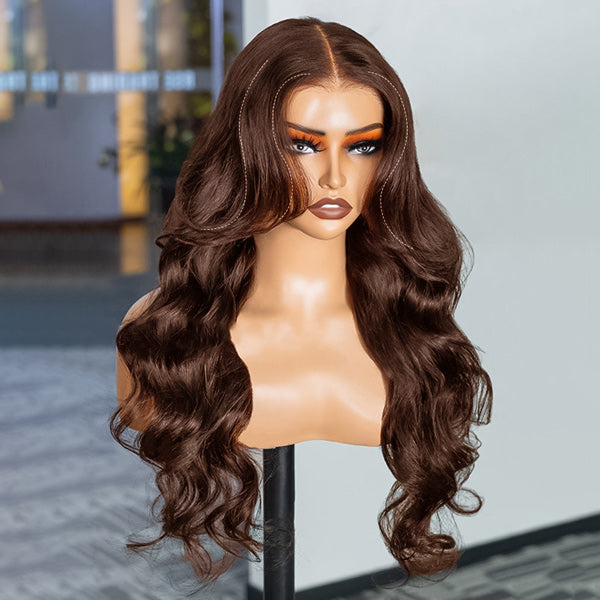 OQ HAIR Layered Glueless Body Wave Face-Framing Curtain Bangs Pre-Cut 7x5 HD Lace Wear Go Wig Bleached Knots