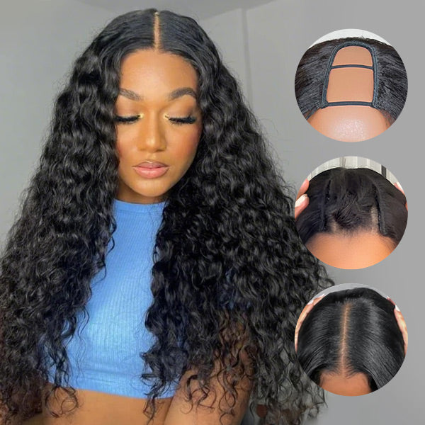 Water Wave U Part Wig Human Hair Salon Inspired Elastic Drawstring Glueless Wear Go Wig