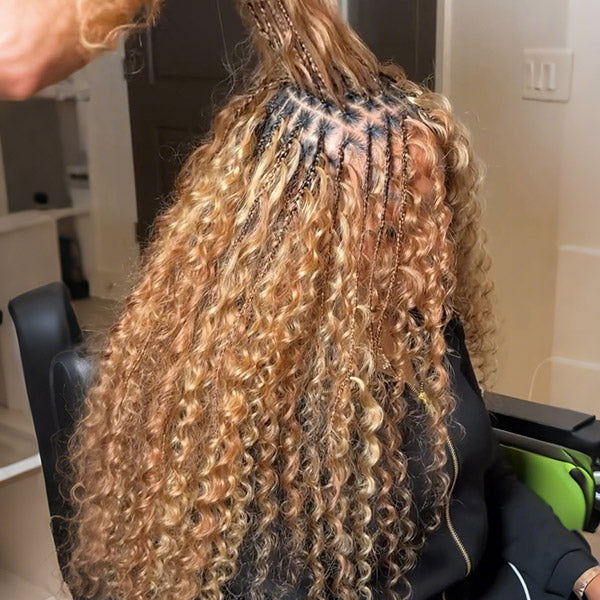 TikTok Viral Burmese Curly #27 Honey Blonde Pre-Separated Feather Crochet Human Hair Invisible Knotless Pre-Looped Hair Extension