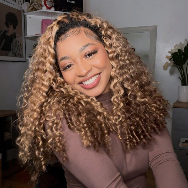 24H Shipping | Burmese Curly Highlight 4/27 Color Wear Go Half Wig With Drawstring Easy Install