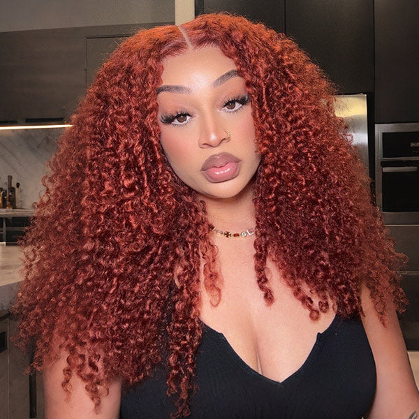OQ HAIR Kinky Curly Wig Auburn Brown Pre-cut 7x5 Lace Wear Go Glueless Wig
