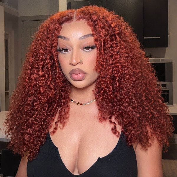 OQ HAIR Kinky Curly Wig Auburn Brown Pre-cut 7x5 Lace Wear Go Glueless Wig