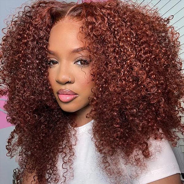 OQ HAIR Kinky Curly Wig Auburn Brown Pre-cut 7x5 Lace Wear Go Glueless Wig