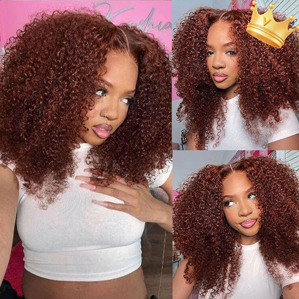 OQ HAIR Kinky Curly Wig Auburn Brown Pre-cut 7x5 Lace Wear Go Glueless Wig