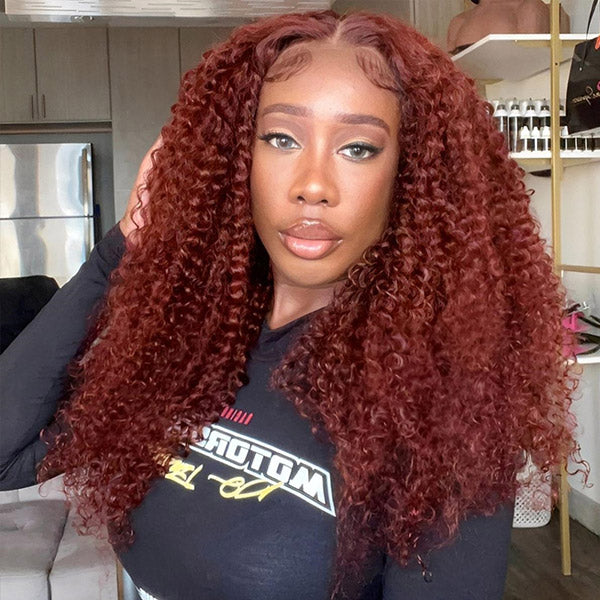OQ HAIR Kinky Curly Wig Auburn Brown Pre-cut 7x5 Lace Wear Go Glueless Wig