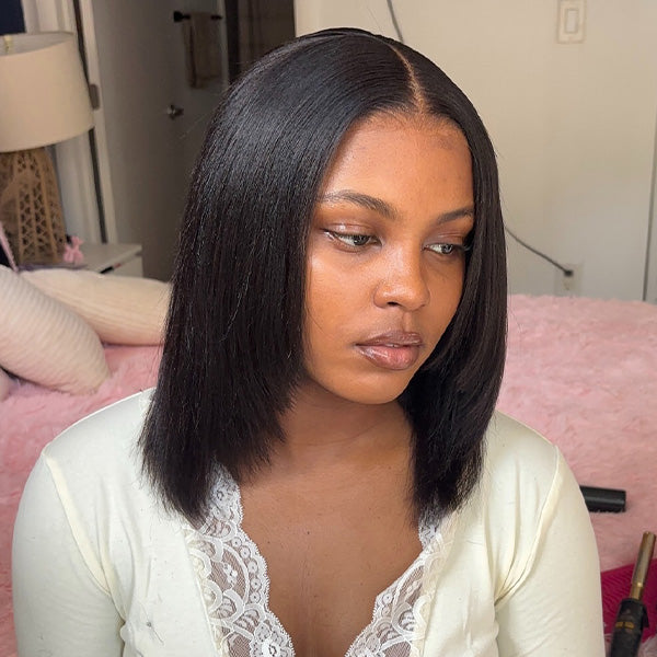 OQ HAIR Glueless Layered Yaki Straight Bob Wear Go Wig Pre-Cut 9x6 T Part Lace With Snug Fit Drawstring