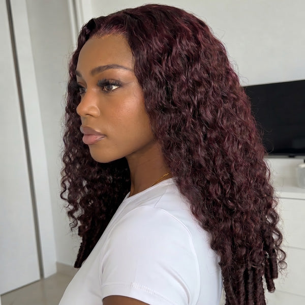 Burmese Curly Dark Plum Color Wear Go Wig Human Hair Pre Plucked Adjustable Drawstring Glueless Wigs